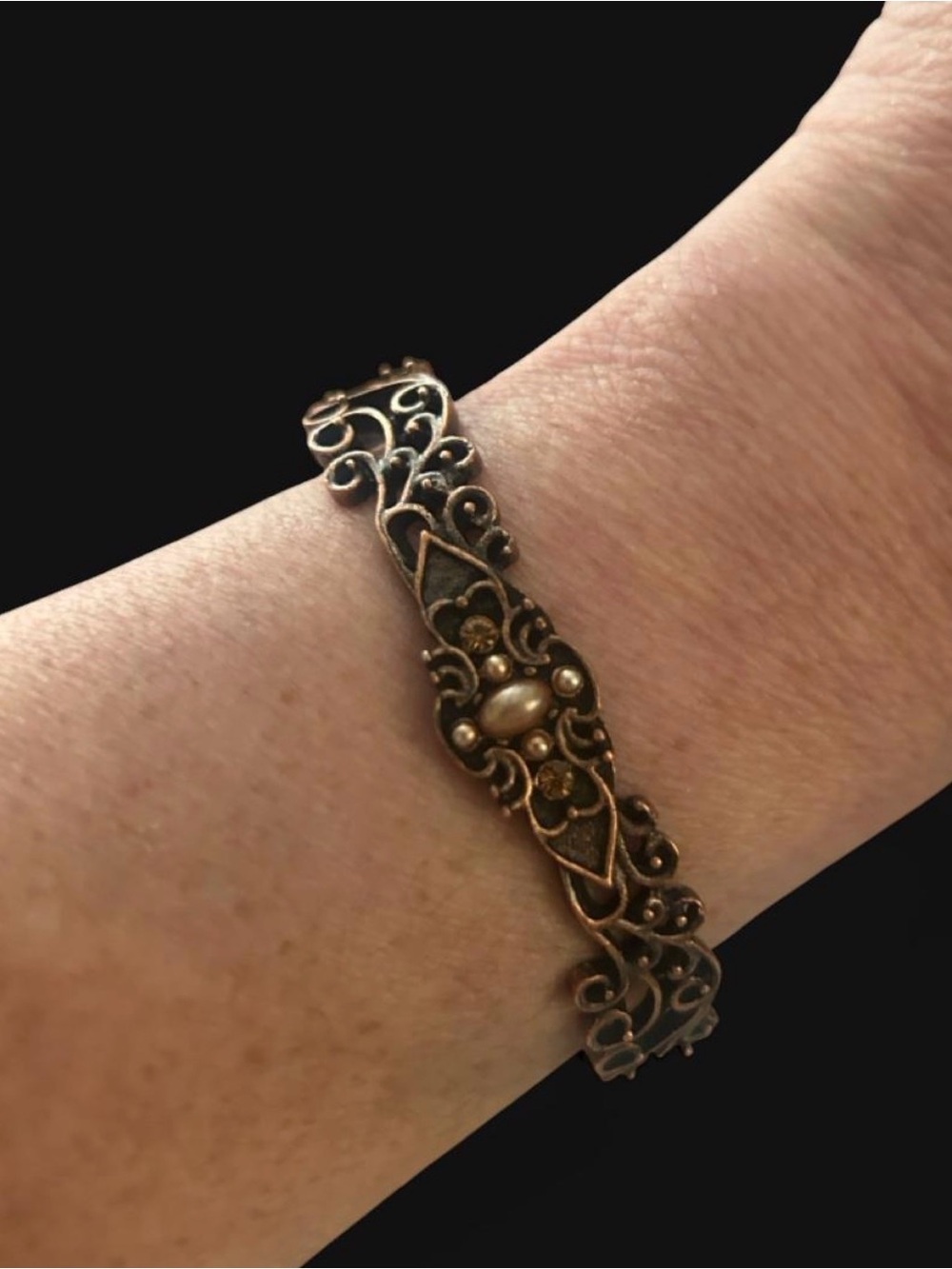 Vintage Antique Bronze Filigree Cuff Bracelet Art Nouveau Scrollwork Boho